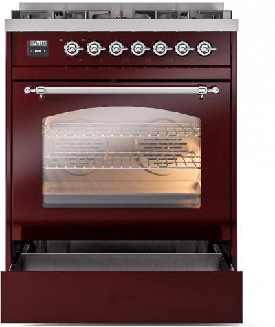 30" ILVE Nostalgie II Dual Fuel Liquid Propane Freestanding Range in Burgundy with Chrome Trim - UP30NMP/BUC LP