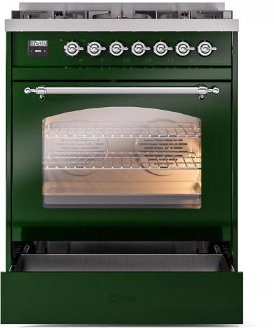 30" ILVE Nostalgie II Dual Fuel Liquid Propane Freestanding Range in Emerald Green with Chrome Trim - UP30NMP/EGC LP