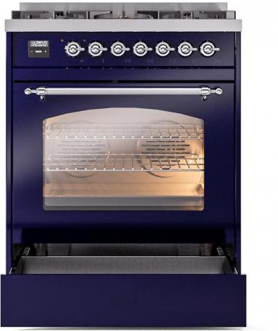 30" ILVE Nostalgie II Dual Fuel Liquid Propane Freestanding Range in Blue with Chrome Trim - UP30NMP/MBC LP