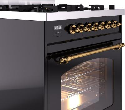 30" ILVE Nostalgie II Dual Fuel Natural Gas Freestanding Range in Glossy Black with Brass Trim - UP30NMP/BKG NG