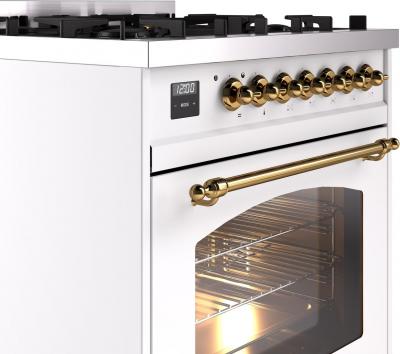 30" ILVE Nostalgie II Dual Fuel Natural Gas Freestanding Range in White with Brass Trim - UP30NMP/WHG NG