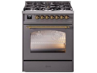 30" ILVE Nostalgie II Dual Fuel Natural Gas Freestanding Range in Matte Graphite with Brass Trim - UP30NMP/MGG NG