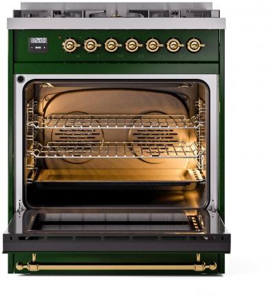 30" ILVE Nostalgie II Dual Fuel Natural Gas Freestanding Range in Emerald Green with Brass Trim - UP30NMP/EGG NG