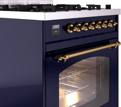 30" ILVE Nostalgie II Dual Fuel Natural Gas Freestanding Range in Blue with Brass Trim - UP30NMP/MBG NG