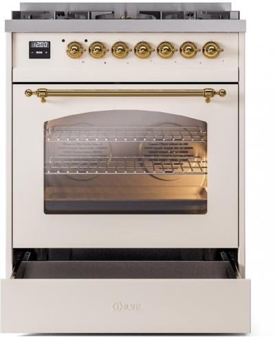 30" ILVE Nostalgie II Dual Fuel Natural Gas Freestanding Range in Antique White with Brass Trim - UP30NMP/AWG NG