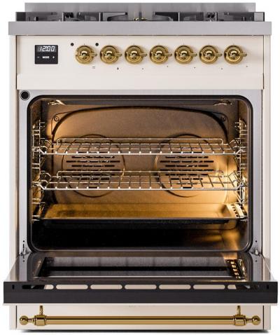 30" ILVE Nostalgie II Dual Fuel Natural Gas Freestanding Range in Antique White with Brass Trim - UP30NMP/AWG NG