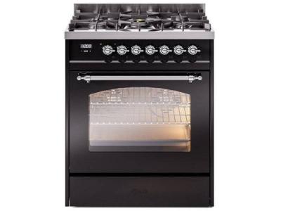 30" ILVE Nostalgie II Dual Fuel Liquid Propane Freestanding Range in Glossy Black with Chrome Trim - UP30NMP/BKC LP