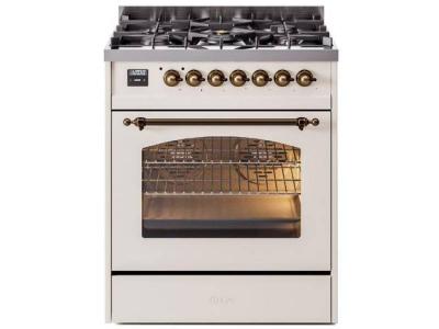 30" ILVE Nostalgie II Dual Fuel Natural Gas Freestanding Range in Antique White with Bronze Trim - UP30NMP/AWB NG