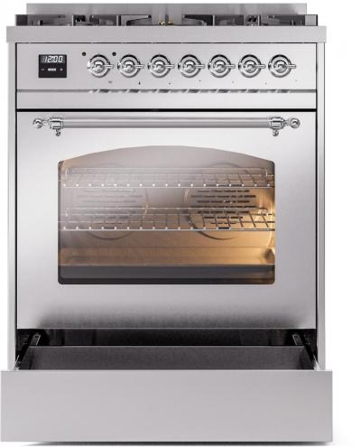 30" ILVE Nostalgie II Dual Fuel Natural Gas Freestanding Range in Stainless Steel with Chrome Trim - UP30NMP/SSC NG