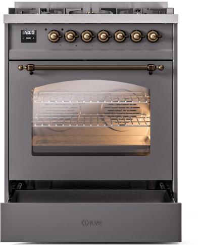 30" ILVE Nostalgie II Dual Fuel Natural Gas Freestanding Range in Matte Graphite with Bronze Trim - UP30NMP/MGB NG