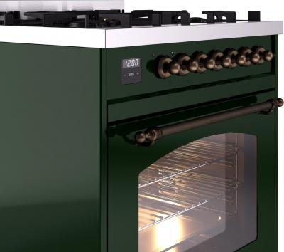 30" ILVE Nostalgie II Dual Fuel Natural Gas Freestanding Range in Emerald Green with Bronze Trim - UP30NMP/EGB NG