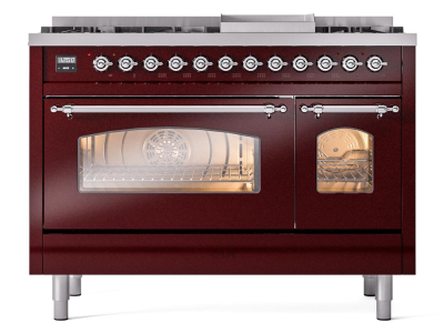 48" ILVE Nostalgie II Dual Fuel Liquid Propane Freestanding Range in Burgundy with Chrome Trim - UP48FNMP/BUC LP