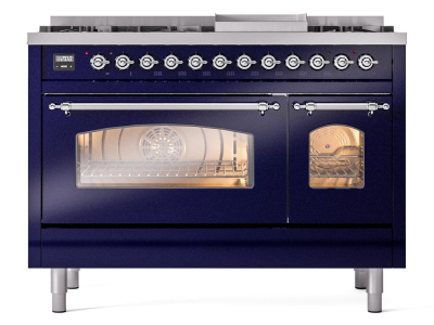 48" ILVE Nostalgie II Dual Fuel Liquid Propane Freestanding Range in Blue with Chrome Trim - UP48FNMP/MBC LP