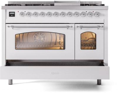 48" ILVE Nostalgie II Dual Fuel Liquid Propane Freestanding Range in White with Chrome Trim - UP48FNMP/WHC LP