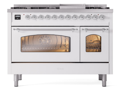 48" ILVE Nostalgie II Dual Fuel Liquid Propane Freestanding Range in White with Chrome Trim - UP48FNMP/WHC LP