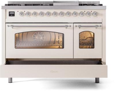 48" ILVE Nostalgie II Dual Fuel Liquid Propane Freestanding Range in Antique White with Chrome Trim - UP48FNMP/AWC LP