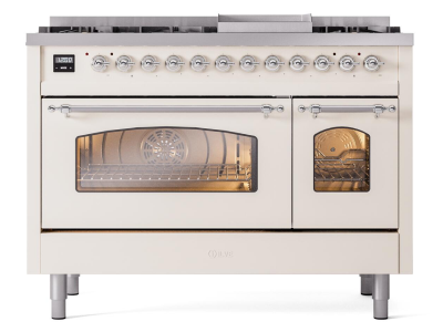 48" ILVE Nostalgie II Dual Fuel Liquid Propane Freestanding Range in Antique White with Chrome Trim - UP48FNMP/AWC LP