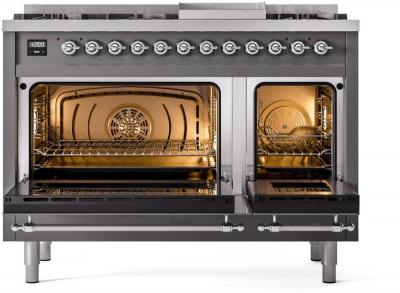 48" ILVE Nostalgie II Dual Fuel Natural Gas Freestanding Range in Matte Graphite with Chrome Trim - UP48FNMP/MGC NG