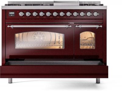 48" ILVE Nostalgie II Dual Fuel Natural Gas Freestanding Range in Burgundy with Chrome Trim - UP48FNMP/BUC NG