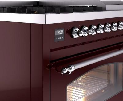 48" ILVE Nostalgie II Dual Fuel Natural Gas Freestanding Range in Burgundy with Chrome Trim - UP48FNMP/BUC NG