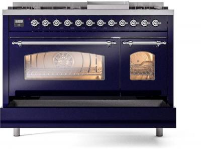 48" ILVE Nostalgie II Dual Fuel Natural Gas Freestanding Range in Blue with Chrome Trim - UP48FNMP/MBC NG