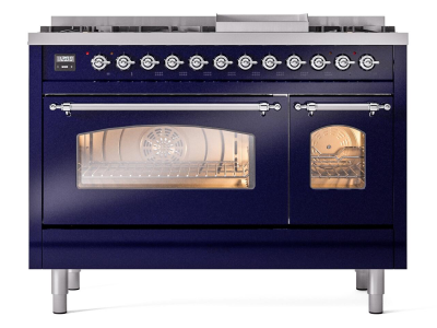 48" ILVE Nostalgie II Dual Fuel Natural Gas Freestanding Range in Blue with Chrome Trim - UP48FNMP/MBC NG