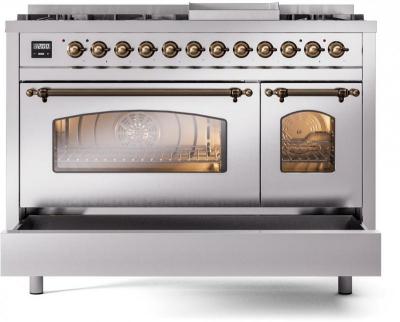 48" ILVE Nostalgie II Dual Fuel Liquid Propane Freestanding Range in Stainless Steel with Bronze Trim - UP48FNMP/SSB LP