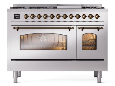 48" ILVE Nostalgie II Dual Fuel Liquid Propane Freestanding Range in Stainless Steel with Bronze Trim - UP48FNMP/SSB LP