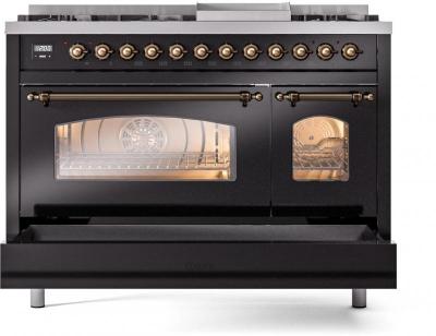 48" ILVE Nostalgie II Dual Fuel Liquid Propane Freestanding Range in Glossy Black with Bronze Trim - UP48FNMP/BKB LP