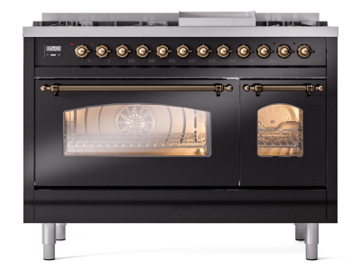 48" ILVE Nostalgie II Dual Fuel Liquid Propane Freestanding Range in Glossy Black with Bronze Trim - UP48FNMP/BKB LP