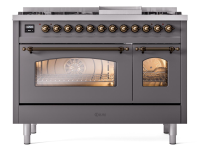 48" ILVE Nostalgie II Dual Fuel Liquid Propane Freestanding Range in Matte Graphite with Bronze Trim - UP48FNMP/MGB LP