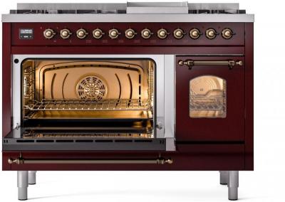 48" ILVE Nostalgie II Dual Fuel Liquid Propane Freestanding Range in Burgundy with Bronze Trim - UP48FNMP/BUB LP