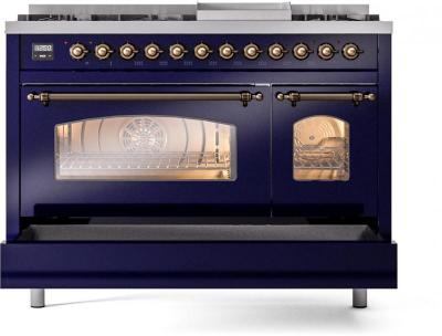 48" ILVE Nostalgie II Dual Fuel Liquid Propane Freestanding Range in Blue with Bronze Trim - UP48FNMP/MBB LP