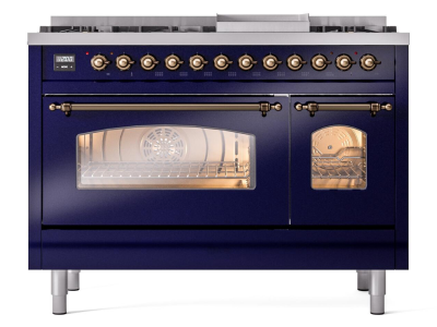 48" ILVE Nostalgie II Dual Fuel Liquid Propane Freestanding Range in Blue with Bronze Trim - UP48FNMP/MBB LP