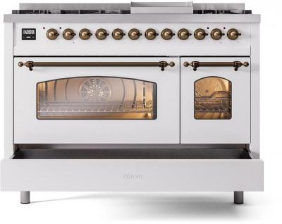 48" ILVE Nostalgie II Dual Fuel Liquid Propane Freestanding Range in White with Bronze Trim - UP48FNMP/WHB LP