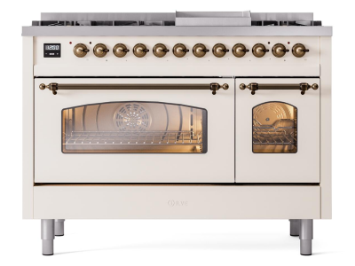 48" ILVE Nostalgie II Dual Fuel Liquid Propane Freestanding Range in Antique White with Bronze Trim - UP48FNMP/AWB LP