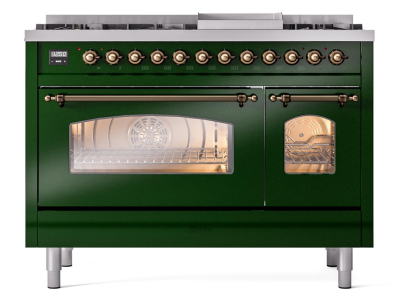 48" ILVE Nostalgie II Dual Fuel Liquid Propane Freestanding Range in Emerald Green with Bronze Trim - UP48FNMP/EGB LP