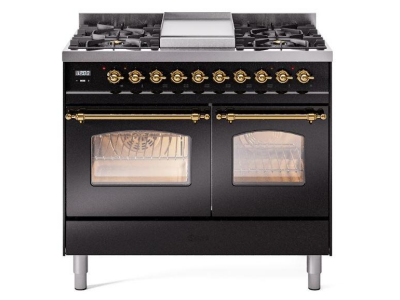 40" ILVE Nostalgie II Dual Fuel Liquid Propane Freestanding Range in Glossy Black with Brass Trim - UPD40FNMP/BKG LP