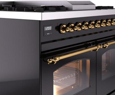 40" ILVE Nostalgie II Dual Fuel Liquid Propane Freestanding Range in Glossy Black with Brass Trim - UPD40FNMP/BKG LP