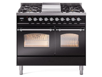 40" ILVE Nostalgie II Dual Fuel Liquid Propane Freestanding Range in Glossy Black with Chrome Trim - UPD40FNMP/BKC LP