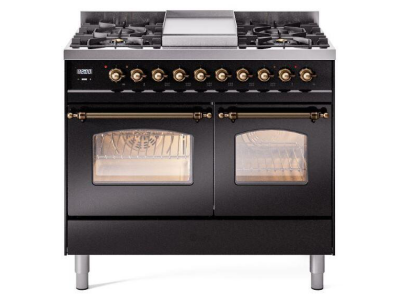 40" ILVE Nostalgie II Dual Fuel Liquid Propane Freestanding Range in Glossy Black with Bronze Trim - UPD40FNMP/BKB LP