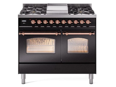 40" ILVE Nostalgie II Dual Fuel Liquid Propane Freestanding Range in Glossy Black with Copper Trim - UPD40FNMP/BKP LP