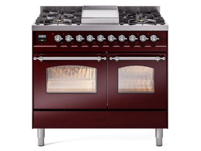 40" ILVE Nostalgie II Dual Fuel Liquid Propane Freestanding Range in Burgundy with Chrome Trim - UPD40FNMP/BUC LP