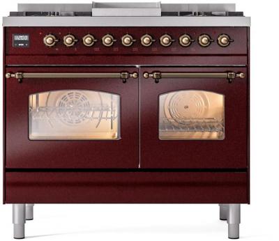 40" ILVE Nostalgie II Dual Fuel Liquid Propane Freestanding Range in Burgundy with Bronze Trim - UPD40FNMP/BUB LP