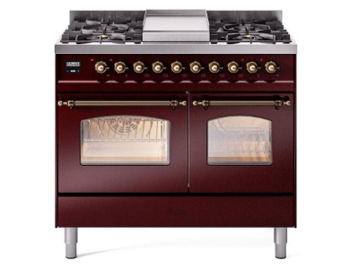 40" ILVE Nostalgie II Dual Fuel Liquid Propane Freestanding Range in Burgundy with Bronze Trim - UPD40FNMP/BUB LP