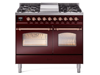 40" ILVE Nostalgie II Dual Fuel Liquid Propane Freestanding Range in Burgundy with Copper Trim - UPD40FNMP/BUP LP