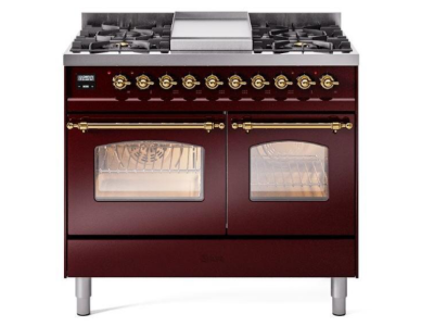 40" ILVE Nostalgie II Dual Fuel Liquid Propane Freestanding Range in Burgundy with Brass Trim - UPD40FNMP/BUG LP