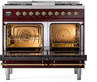 40" ILVE Nostalgie II Dual Fuel Liquid Propane Freestanding Range in Burgundy with Brass Trim - UPD40FNMP/BUG LP