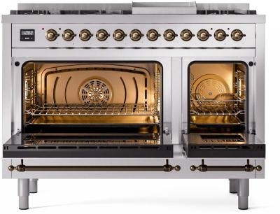 48" ILVE Nostalgie II Dual Fuel Natural Gas Freestanding Range in Stainless Steel with Bronze Trim - UP48FNMP/SSB NG