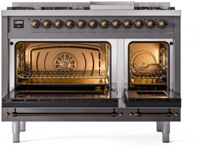 48" ILVE Nostalgie II Dual Fuel Natural Gas Freestanding Range in Matte Graphite with Bronze Trim - UP48FNMP/MGB NG